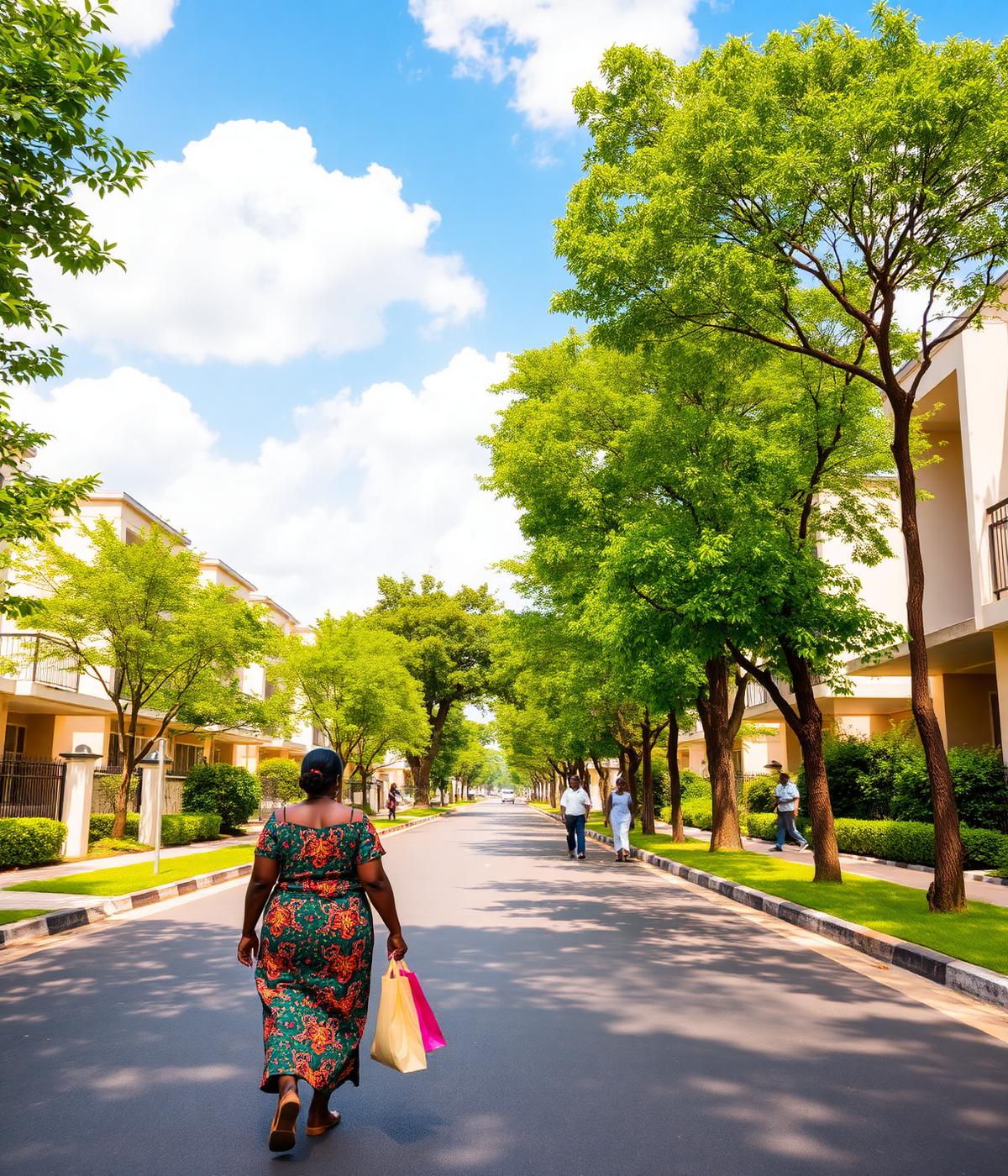 Utawala neighbourhood street with modern apartments and green trees